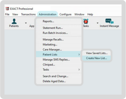 EXACT create new patient list menu EXACT create new patient list menu